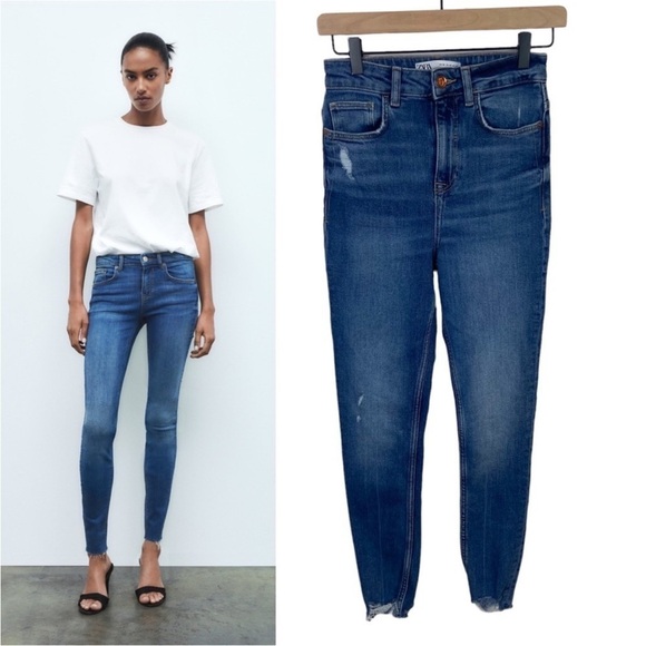 ZARA Distressed High Rise Skinny Jeans Raw Hem Size 4 - Picture 1 of 6